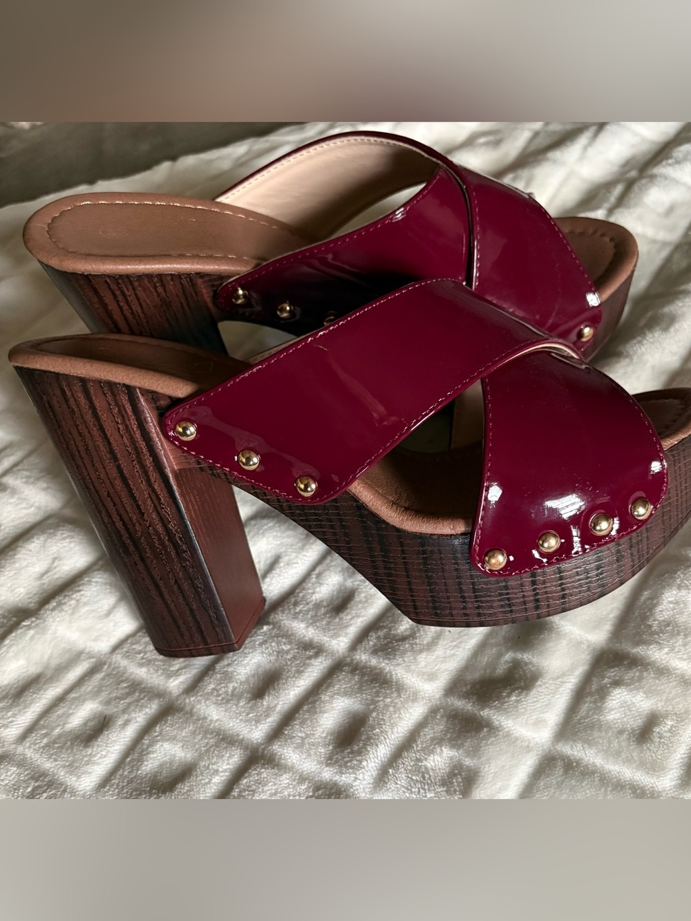Patent Burgundy Crisscross Platform Heels - Women Shoes